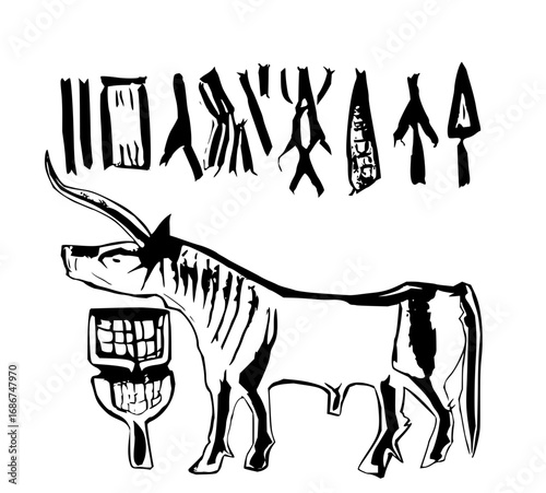 Ancient Mesopotamian bull glyphs and cuneiform symbols evoke history, culture, and scholarly research