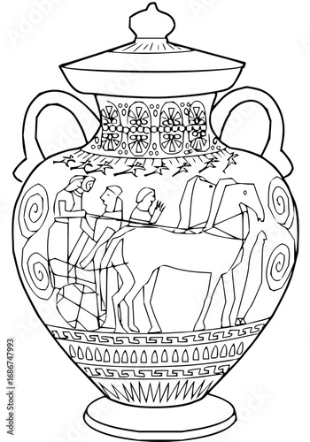 Ancient Greek amphora depicts chariot scene with horse and figures, rich historical art