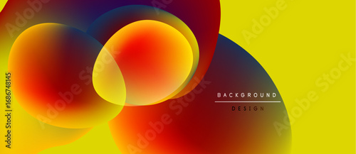 Abstract colorful shapes overlap. Vibrant gradients create dynamic visual effect. Yellow background complements warm tones. Modern design element.