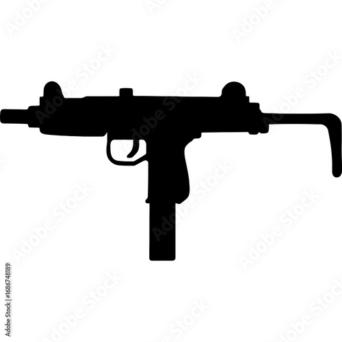 Black submachine gun silhouette on white background