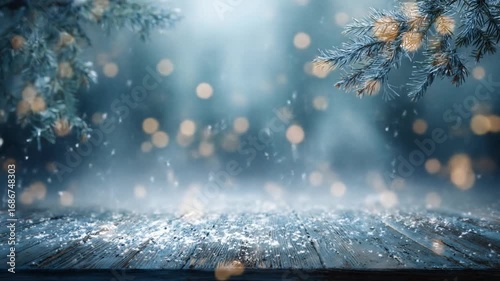 A winter scene showcasing a rustic wooden surface covered in frost, with falling snow, and a softly lit background of frosted evergreen branches.