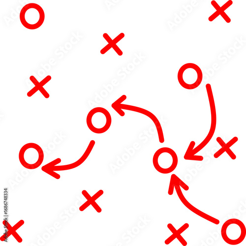 Red hand-drawn football play diagram with X and O symbols and arrows on white background, showing tactical game plan for coaching, training, and strategy concepts.
