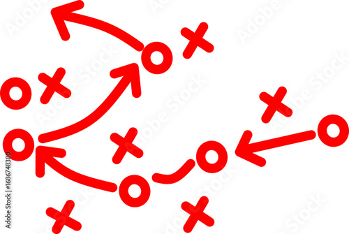 Red hand-drawn football play diagram with X and O symbols and arrows on white background, showing tactical game plan for coaching, training, and strategy concepts.
