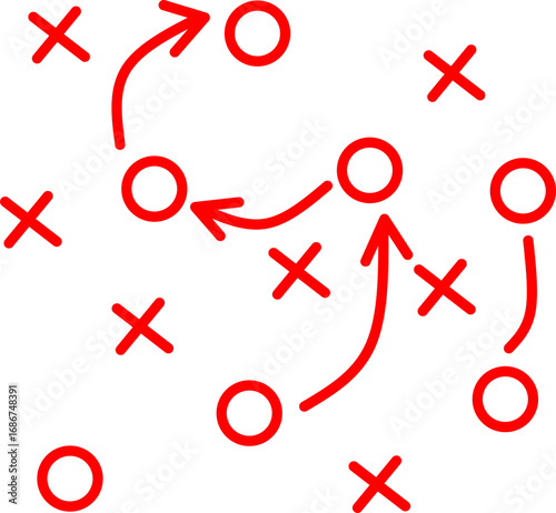Red hand-drawn football play diagram with X and O symbols and arrows on white background, showing tactical game plan for coaching, training, and strategy concepts.
