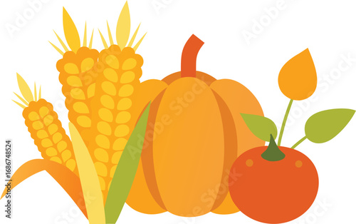Autumn harvest festival elements bundle vector illustration corn wheat pumpkin tomato