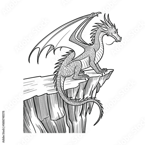 Majestic dragon perched on a rocky outcropping with detailed wings