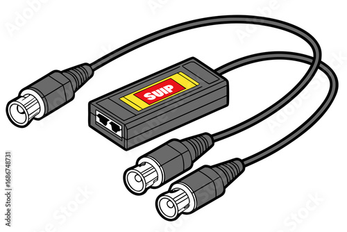 Gray video adapter with B N C and R C A connectors and S U I P logo BNC connector RCA connector