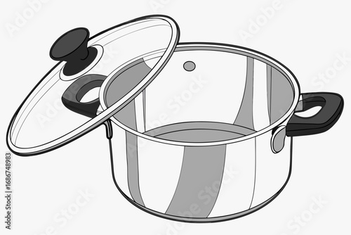 Stainless steel cooking pot with glass lid and black handles isolated on white background saucepan stockpot