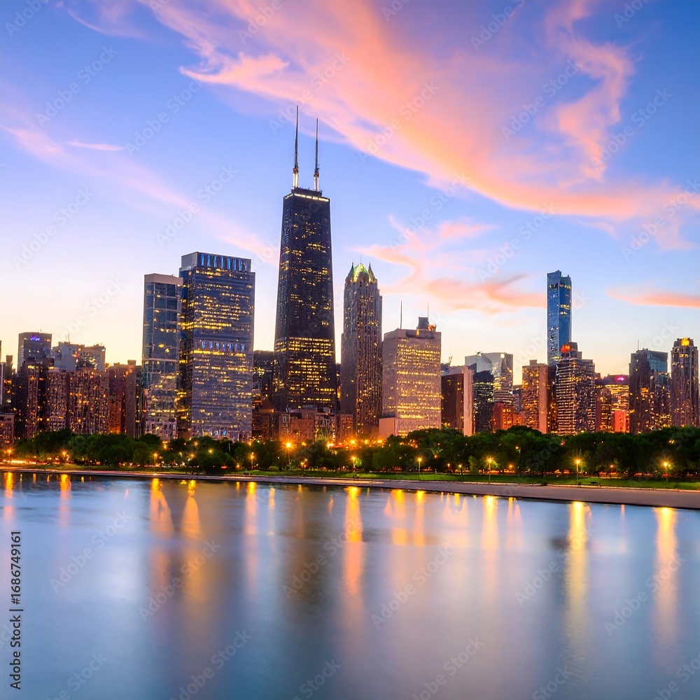 Fototapeta premium City skyline at sunset over water (1)