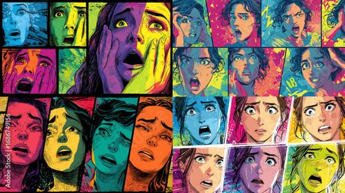 Comic-style portraits of expressive faces showing fear, shock, and anxiety in bold pop art colors, perfect for storytelling, posters, and emotional illustrations.