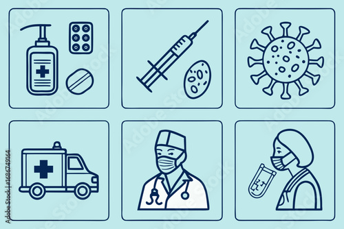 Set of six medical icons including hand sanitizer pills syringe virus ambulance doctor and nurse with test tube
