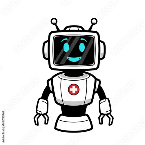 A friendly cartoon robot with a smiling face and medical symbol.