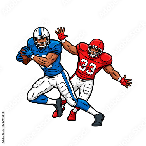 American football players in action: one in blue with the ball, evading a red-clad defender.