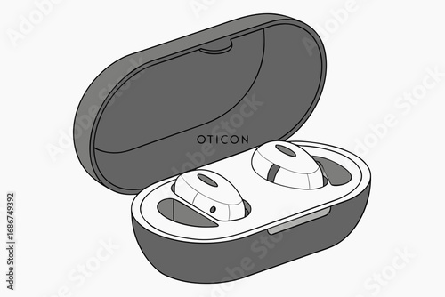 Open gray charging case with white wireless earbuds and O T I C O N logo earphone audio