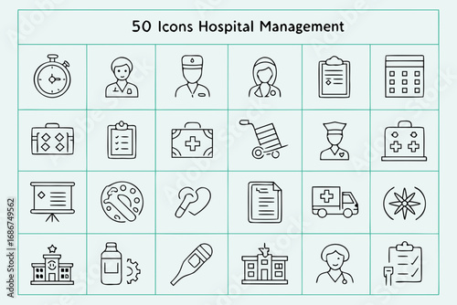 Fifty hand drawn line icons for hospital management and healthcare services icon set medical