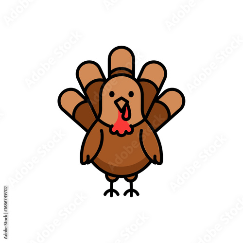 Cartoon illustration of a turkey, simple line art style, with brown plumage and red wattle.