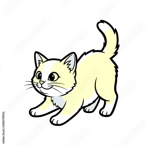 Playful cream-colored kitten stretching, paws forward, tail up, cartoon style.