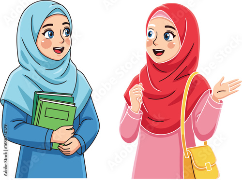 Two Muslim girls wearing colorful hijabs talking and smiling, holding books, cartoon vector illustration for education, culture, friendship, and school content