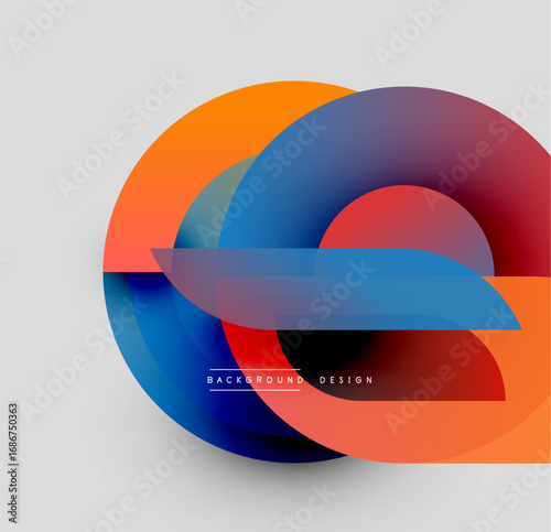 Abstract colorful circles overlap creating dynamic visual effect. Gradient shades blend smoothly, modern design element.