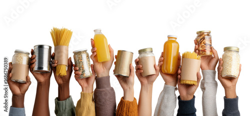 Diverse hands hold various food items