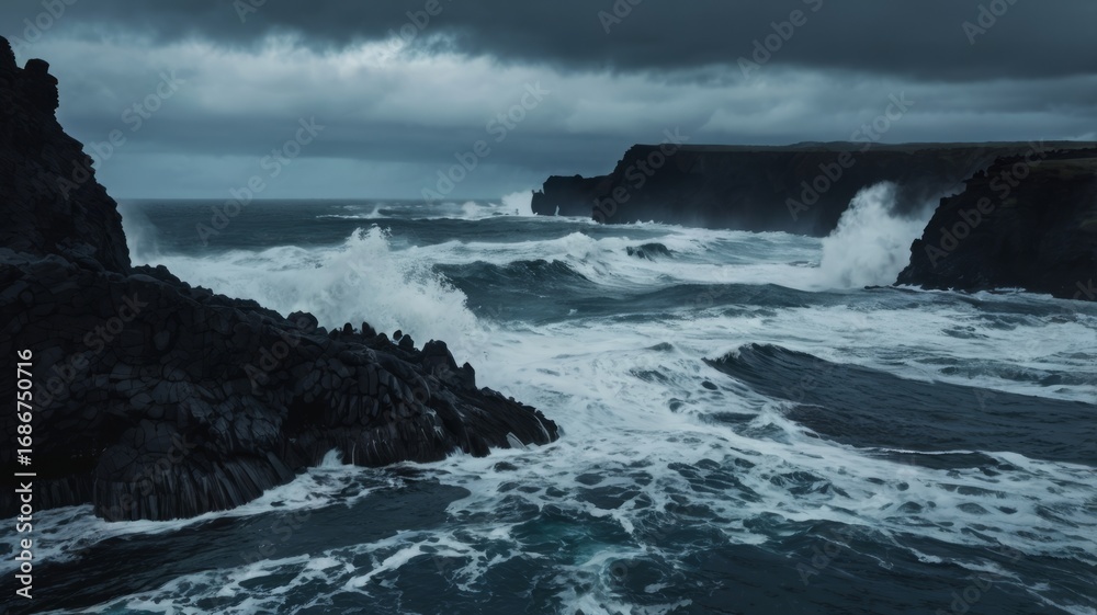 Fototapeta premium Jagged black volcanic coast with crashing waves, moody ocean atmosphere