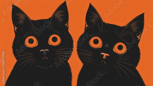 Two black cats in a stylized, graphic illustration against a bright orange background