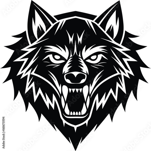 Vector art of an intense black silhouette of a wolfs head, with bared teeth and sharp features, conveying a fierce and powerful expression