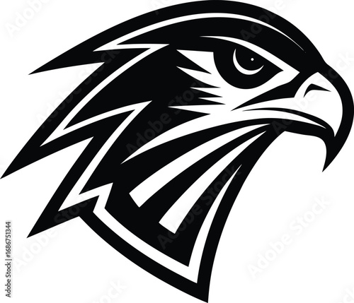 Vector art of stylized black falcon head logo, , representing power and speed, perfect for sports teams or corporate branding