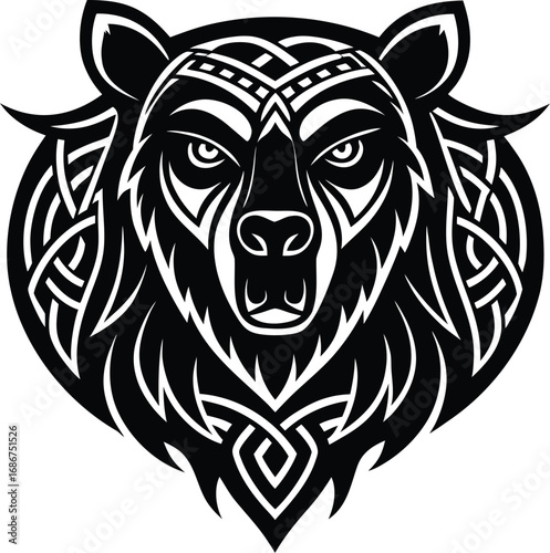 Vector art of tribal bear head with celtic knot patterns, fierce expression, black and white graphic illustration