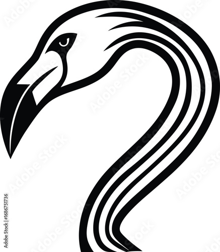 Vector art of stylized black and white illustration of a flamingo head and neck, , with elegant curved lines and a sharp beak, representing grace and simplicity