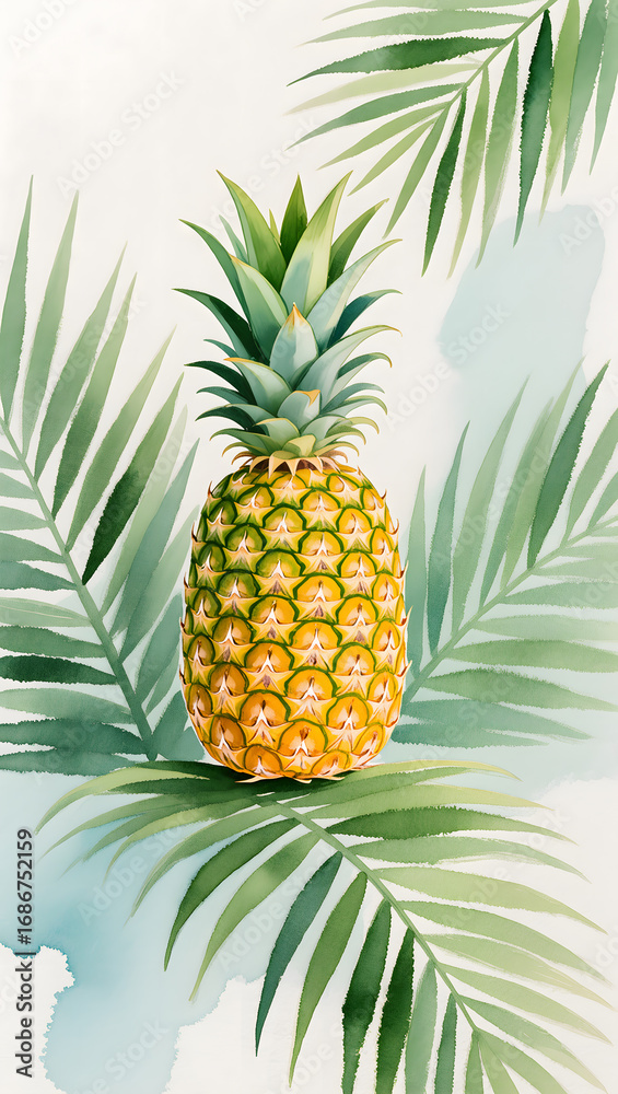 Fototapeta premium Watercolor painting of pineapple with palm leaves