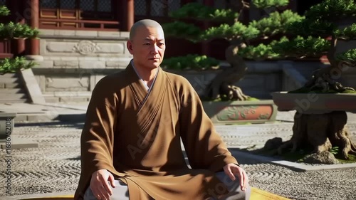 Monk meditating in traditional garden