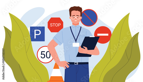 Male driving school instructor holding clipboard, surrounded by various road signs and traffic symbols, representing driver education and safety training vector illustration