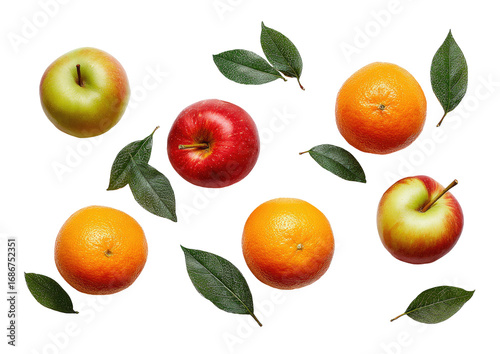 Overhead view of assorted fruits, apples and oranges, with leaves