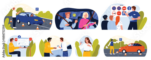 Car driving school set. Basic traffic rules study on lesson with teacher, exam of theory and practice for driver license, road tests and parking control with instructor cartoon vector illustration