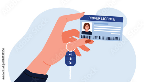 Hand holding a driver license card and car key, representing identification and vehicle access, suitable for driving, security, and transportation topics vector illustration