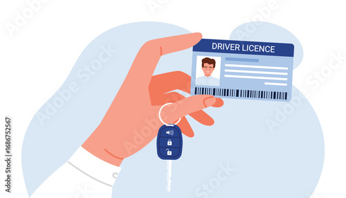 Hand holding a driver license and car key, representing identification and vehicle access, modern flat style, isolated on white background vector illustration