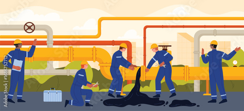 Oil pipeline accident with oil leak, repair process of pipe system by workers and engineers team. Danger and environmental pollution from fuel spills, technicians in uniform and helmet fix breakdown