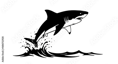 Silhouette of a great white shark jumping out of the water in striking monochrome style