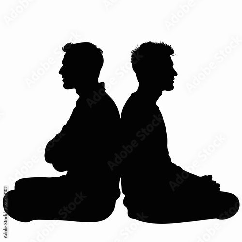 Silhouette of two men sitting back to back, one with arms crossed and other in thoughtful pose. Silhouetted figures represent contemplation and tension in relationships.