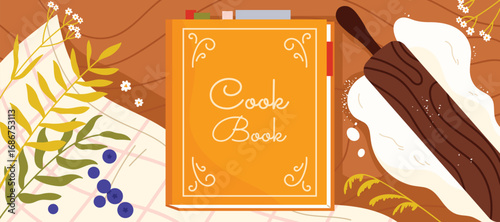 Bright orange recipe book cover with decorative text, surrounded by rolling pin, blueberries, leaves, and kitchen towel, ideal for cooking and baking themes vector illustration