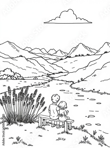 Minimilist a brother and sister sitting on a bench overlooking a river surrounded by mountains and tall grass vector
