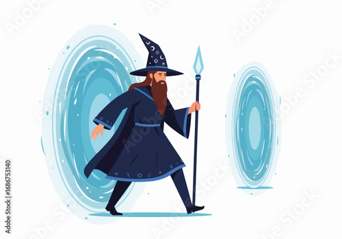 Wizard stepping through glowing blue portal into another dimension, casting a spell. Wizard character stepping through portal holding staff.