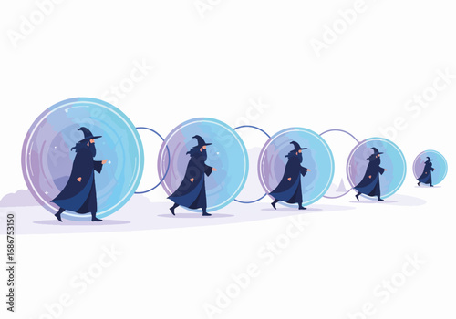 Wizard walking through glowing portals, a magical journey into another realm. Magical portals illuminate way as wizard journeys between dimensions, on quest for ancient knowledge.