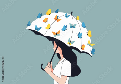 Dark hair woman holding butterfly umbrella in flat design style, light background. Butterfly umbrella illustrates spring and summer, adding beauty to daily life.