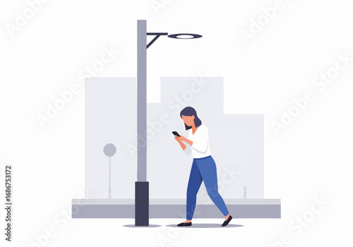 Woman using smartphone near light pole on minimalist street scene. Urban setting features woman distracted by phone while walking, with cityscape background. Concept of smartphone use and urban life.