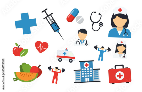 A comprehensive set of colorful flat icons representing medicine, healthcare services, and a healthy lifestyle