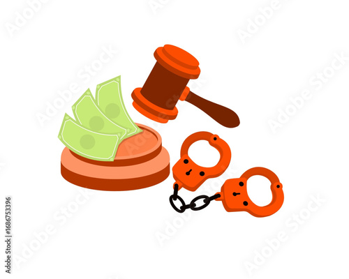 Financial Crime and Legal Consequences Illustrated with a Judge's Gavel, Cash, and Handcuffs