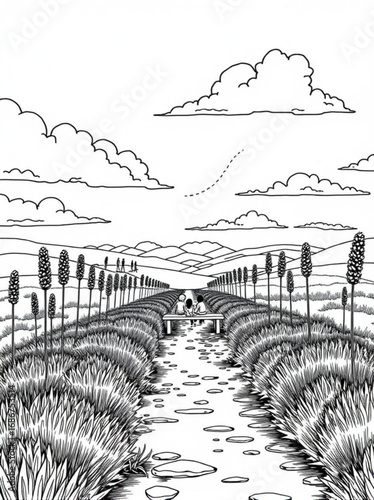 Minimilist illustration of a path with plants on either side leading to people on a bench under cloudy skies vector