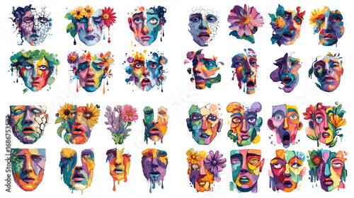 Colorful abstract watercolor faces combined with flowers and paint splashes, great for modern art, creative posters, and expressive emotional illustration.